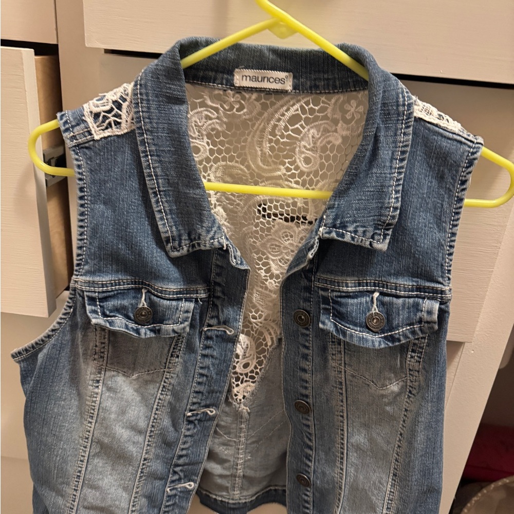 Boho hippy layering Denim Vest with Lace Accents